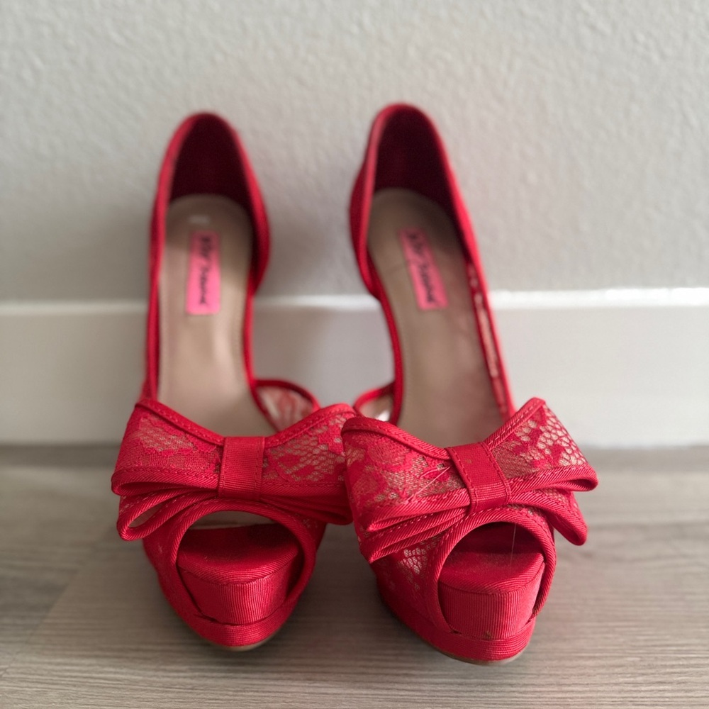 Betsey Johnson Red Lace Peep-Toe Heels with Bow